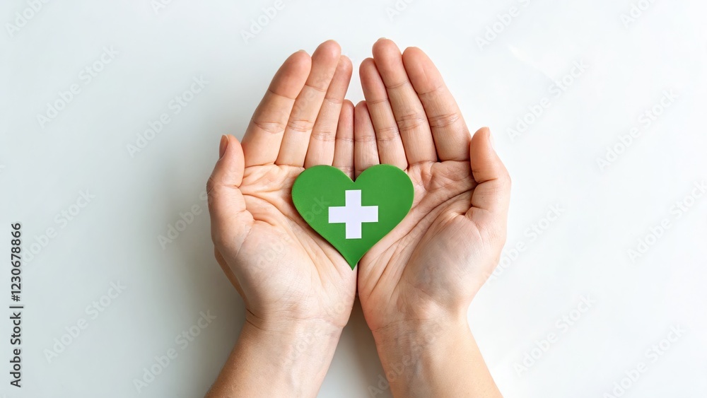 A green heart with a white cross rests gently in open hands, symbolizing care and compassion. A green heart with a white cross rests gently in open hands, symbolizing care and compassion.