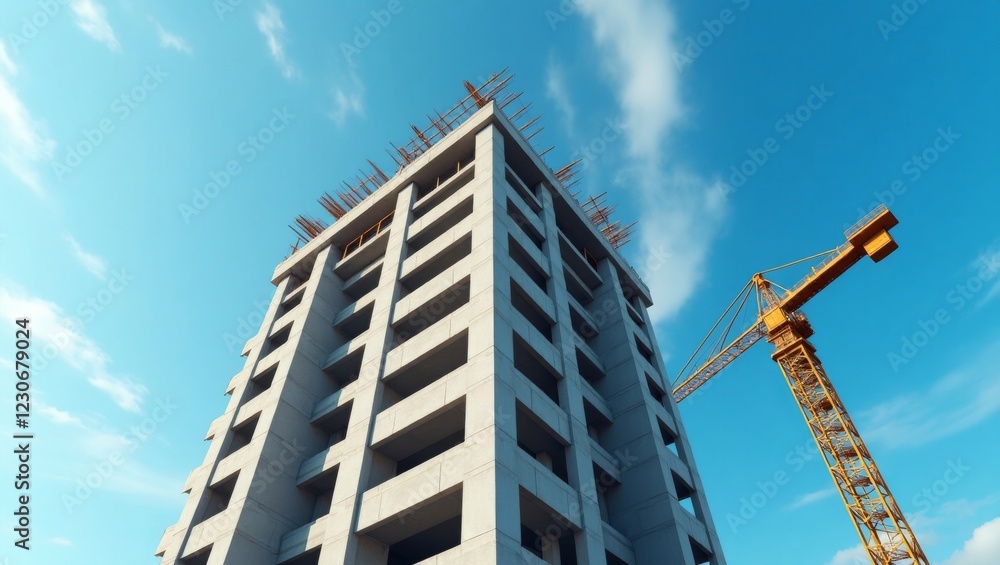 Fototapeta premium A modern high-rise building under construction against a clear blue sky. A construction crane is visible.