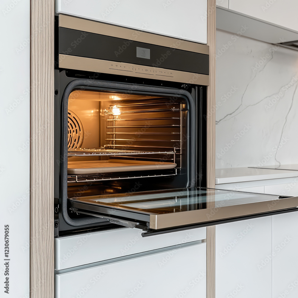 Fototapeta premium modern built in oven with sleek design, featuring open door and rose gold illuminated interior, showcasing its spacious cooking area. Ideal for contemporary kitchens