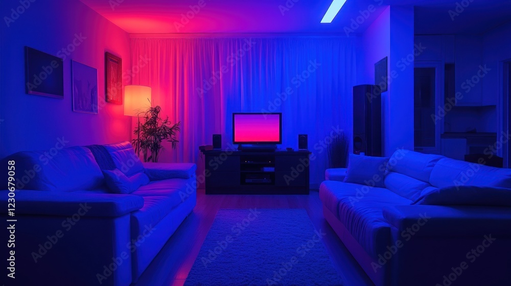 Modern Living Room with Colorful Ambient Lighting and Couches Modern Living Room with Colorful Ambient Lighting and Couches