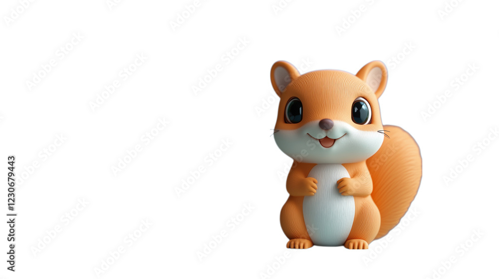 Fototapeta premium A cute 3D cartoon squirrel figurine with a big smile, standing on a white background. Concept of playful animal characters and child-friendly designs