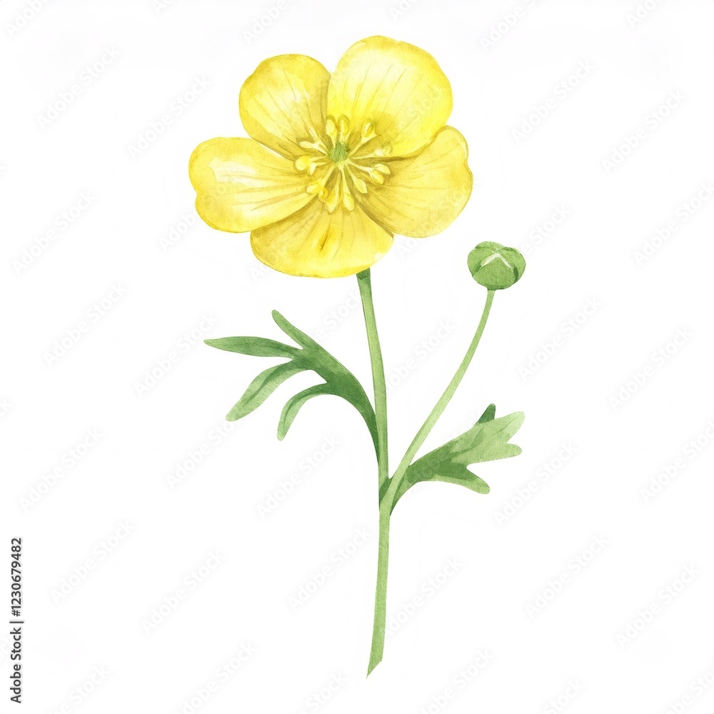 Naklejka premium Detailed watercolor illustration of a bright yellow buttercup flower, showcasing its delicate petals, green stem, and leaves