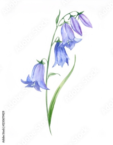 Delicate watercolor rendering featuring purple harebell bloom, vibrant petals spreading against soft white background with gentle green leafage