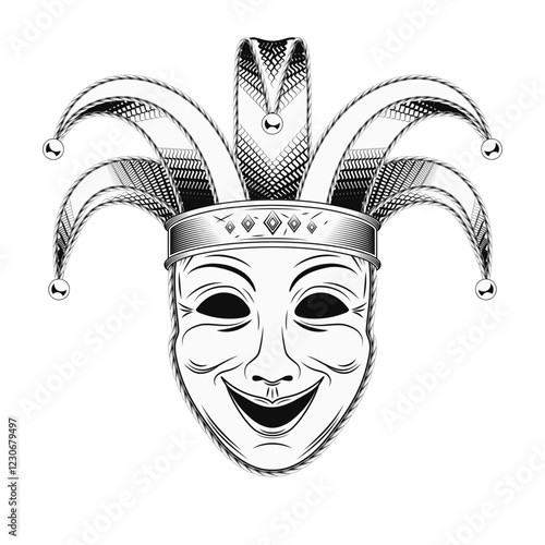 Theatrical comedy face mask with jester harlequin hat. Mardi Gras themed detailed black and white illustration in vintage style. Front view.