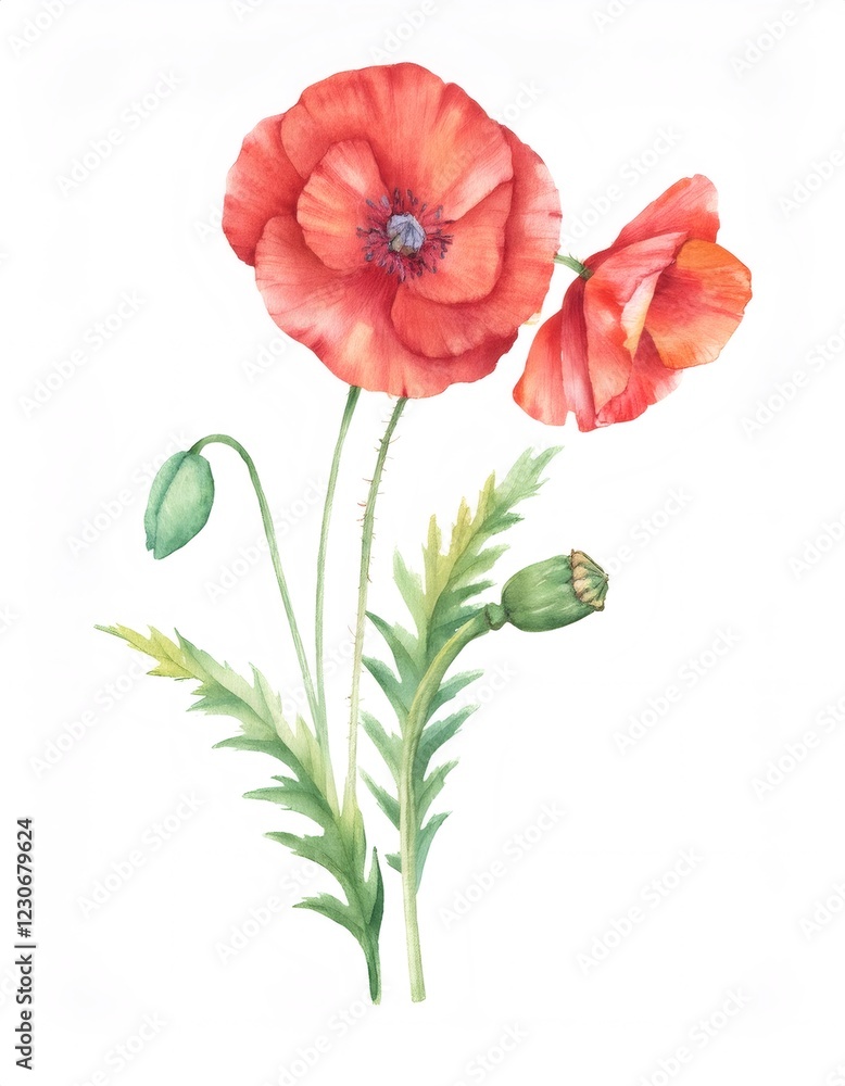 Obraz premium Watercolor painting of red poppy flowers with green leaves, stems and seed pod on white background