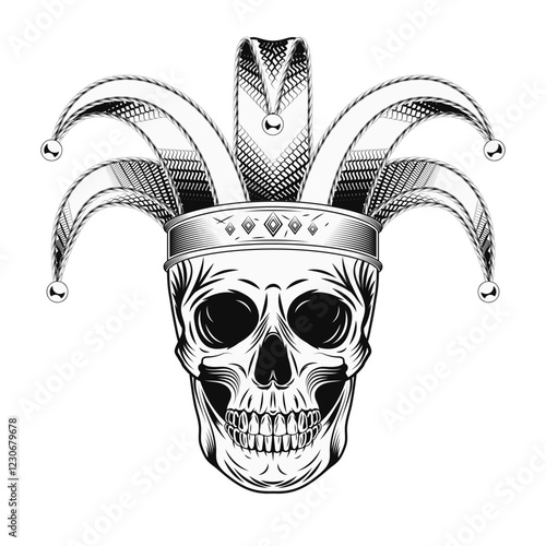 Human skull with jester harlequin hat. Mardi Gras themed detailed monochrome illustration in vintage style. Front view.