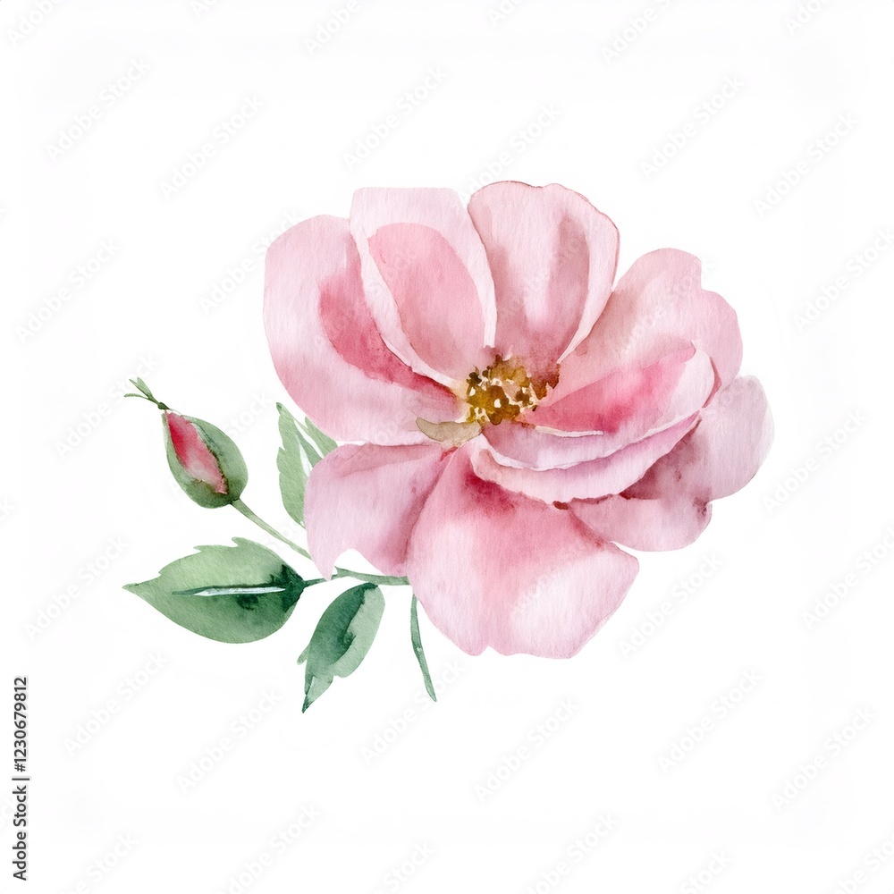 Obraz premium Watercolor pink rose blooming, delicate green leaves, closed bud against soft white backdrop