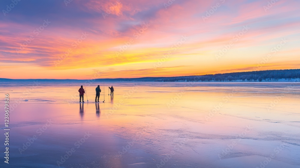 Winter Ice Fishing at Sunrise Colorful Sky Winter Ice Fishing at Sunrise Colorful Sky