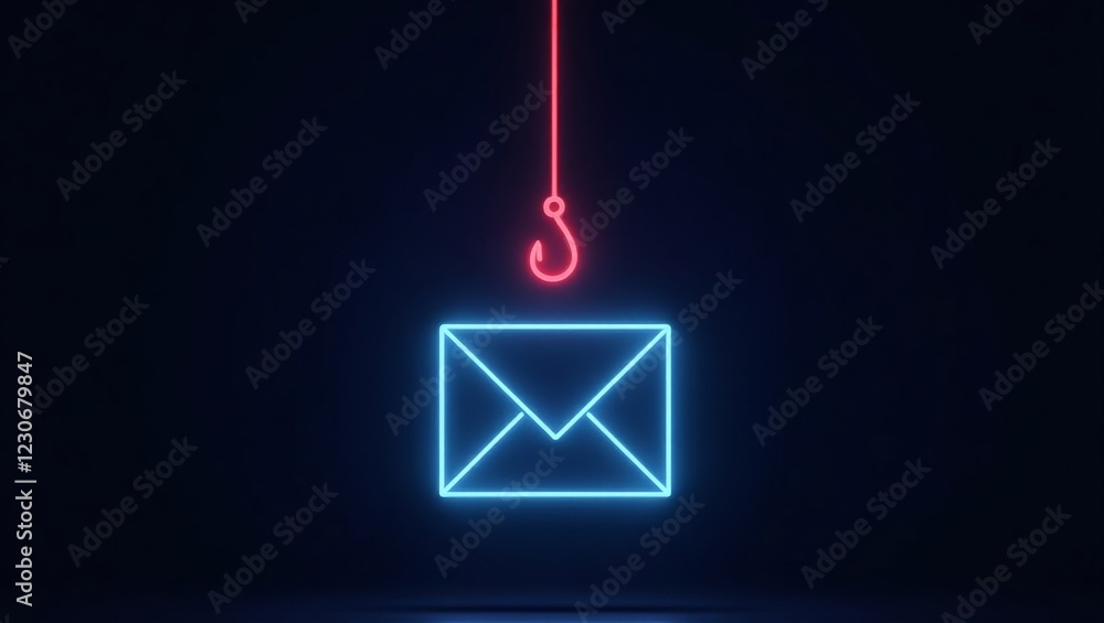 Fototapeta premium A neon hook hangs above an email, symbolizing phishing and online scams. Be cautious of suspicious emails to avoid becoming a victim.