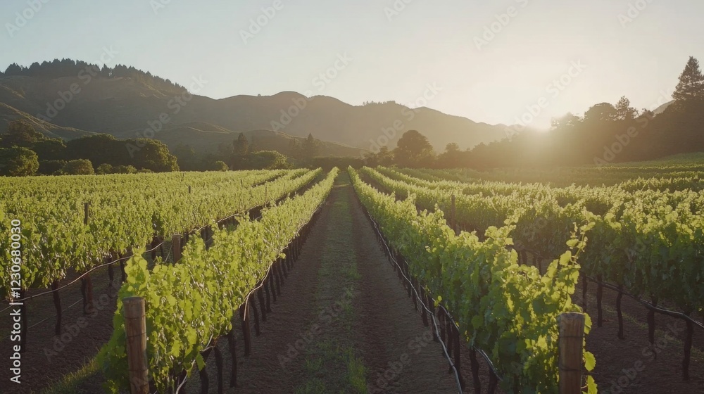 Fototapeta premium Sunlit Vineyard Rows at Sunset in Rolling Hills