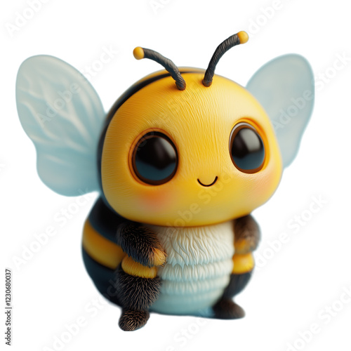 This adorable 3D plasticine bee is designed with soft, vibrant colors and a charming smiling face, captured in a close-up view. Set on a transparent background, the cute character brings playful energ photo