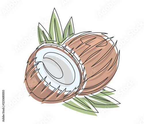 Brown coconuts with palm leaves line art isolated on white background. Simple plant silhouette. Hand drawn coconuts outline. Editable stroke. Vector illustration