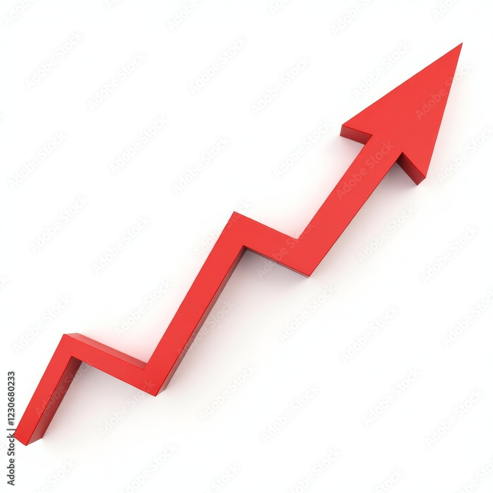 Red arrow pointing upward in a stepwise pattern, symbolizing growth and progress. Isolated on white background. Red arrow pointing upward in a stepwise pattern, symbolizing growth and progress. Isolated on white background.
