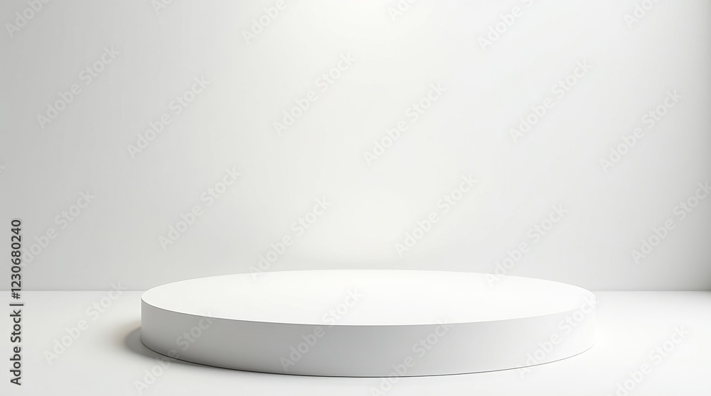 A minimalist white cylindrical platform sits centrally in a bright, empty room, ready for display. A minimalist white cylindrical platform sits centrally in a bright, empty room, ready for display.