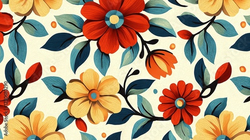 Wallpaper Mural   A white background with red, yellow, and blue flowers and orange, blue, yellow, and green leaves Torontodigital.ca