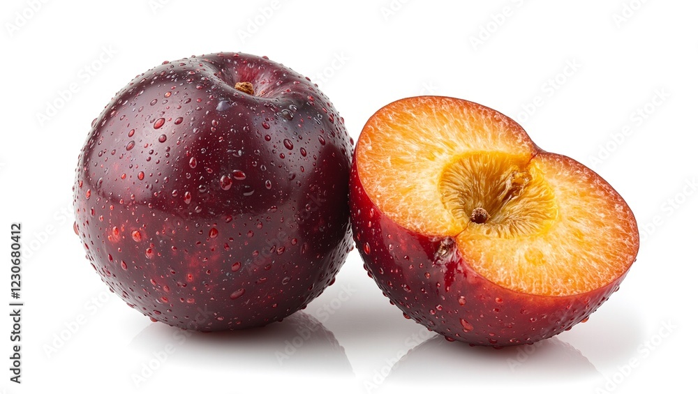 Fresh purple plum with water droplets halved to show juicy yellow flesh Fresh purple plum with water droplets halved to show juicy yellow flesh
