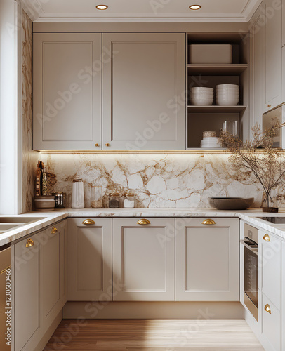 modern kitchen featuring light gray cabinets, marble backsplash, and warm lighting creates cozy atmosphere. elegant design includes stylish hardware and organized shelves