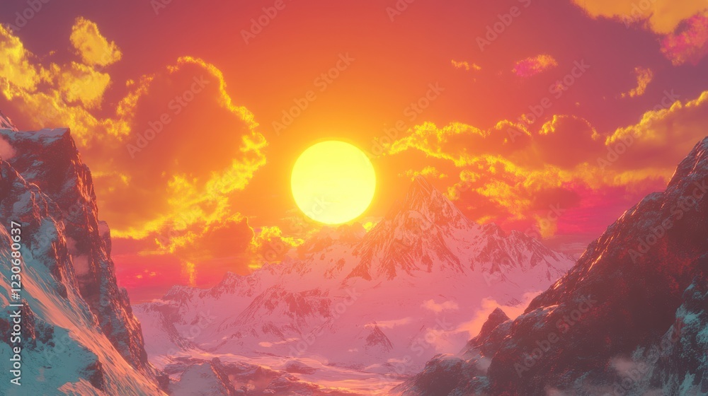 Naklejka premium Majestic Sunset Over Snowy Mountain Peaks
