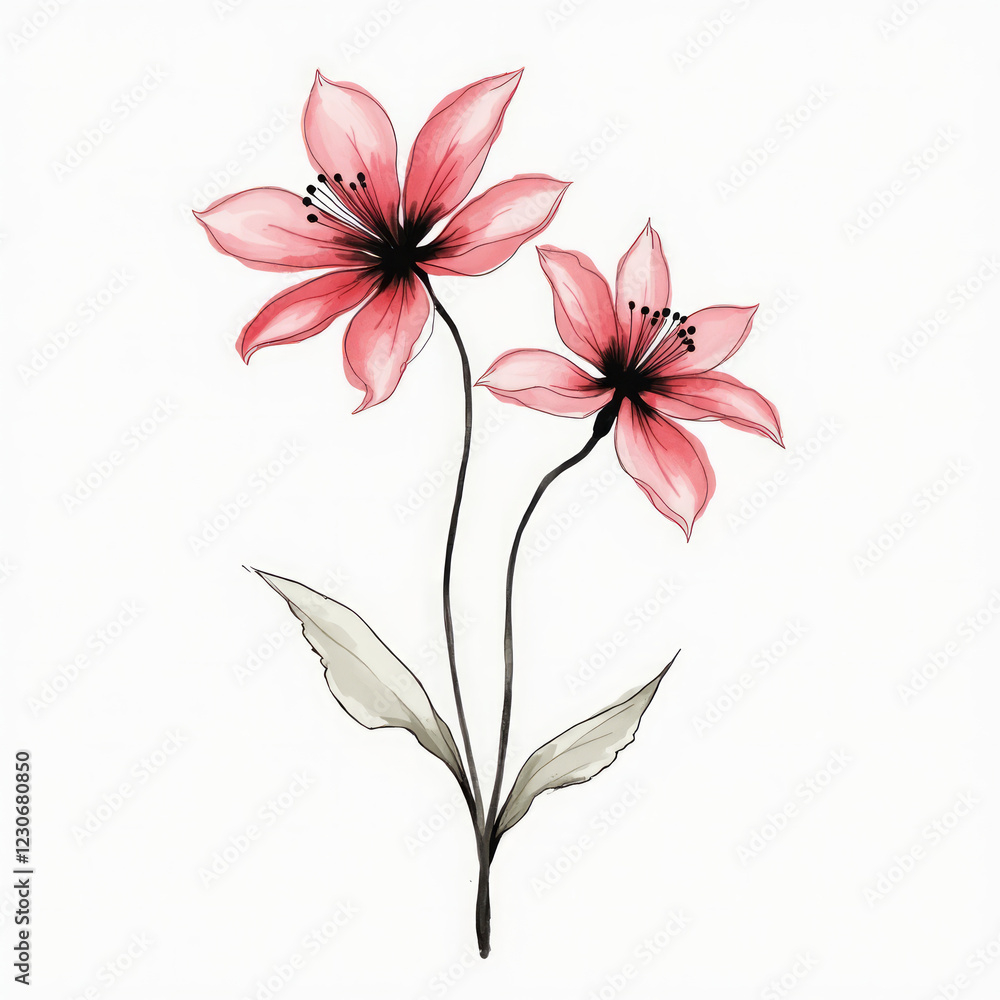 Abstract Minimal Floral Doodle with Ink Brushstrokes on a White Background Abstract Minimal Floral Doodle with Ink Brushstrokes on a White Background