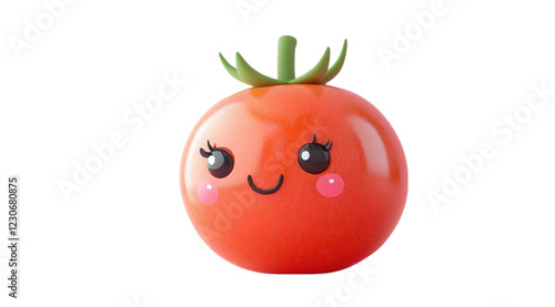  A cute and cheerful 3D illustration of a smiling tomato character with large eyes and a friendly expression. Perfect for children's food designs, product packaging, or fun illustrations.