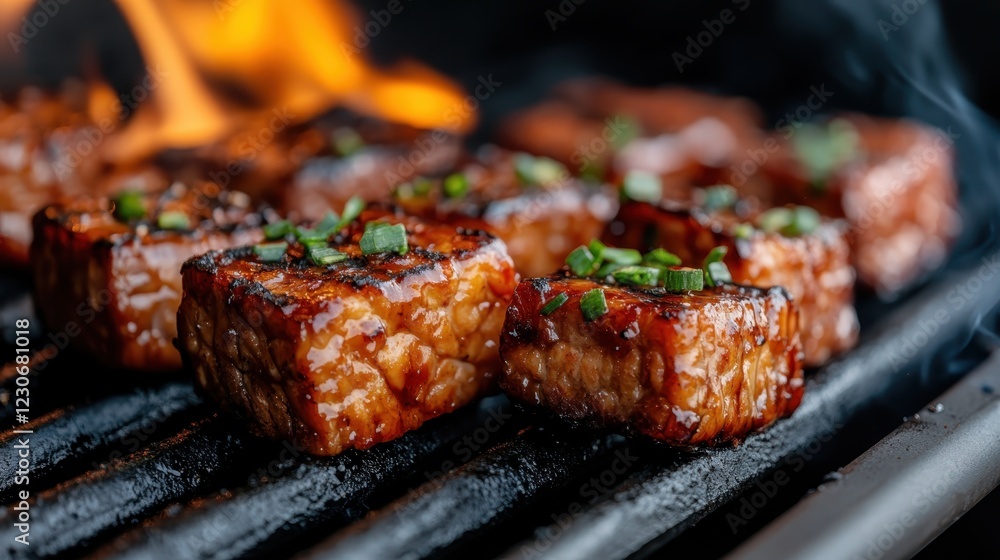 A mouthwatering display of grilled tempeh steaks, perfectly charred and garnished with fresh herbs, highlighting an appetizing and nutritious plant-based dish. A mouthwatering display of grilled tempeh steaks, perfectly charred and garnished with fresh herbs, highlighting an appetizing and nutritious plant-based dish.