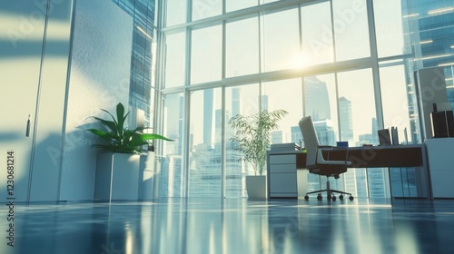 Modern Office Workspace with City View Sunrise