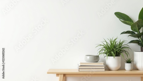 Wallpaper Mural A minimalist scene featuring potted plants and books arranged on a light wooden bench against a white wall. Torontodigital.ca