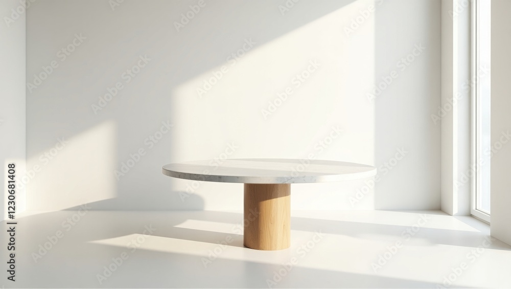 A minimalist round table with a white marble top and light wood pedestal base sits in a sunlit white room. A minimalist round table with a white marble top and light wood pedestal base sits in a sunlit white room.