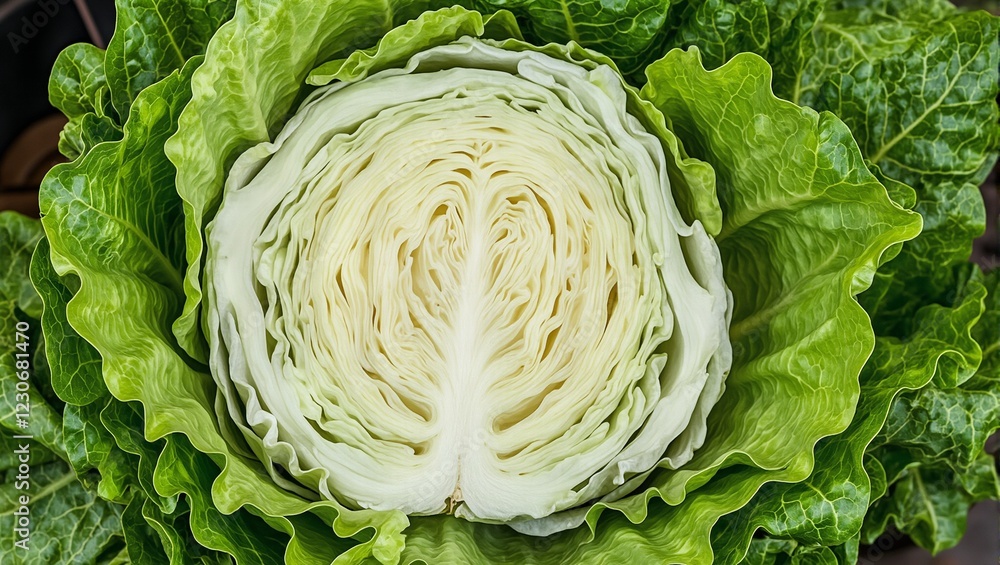 Obraz premium Fresh iceberg lettuce with vibrant green layers surrounded by loose leaves