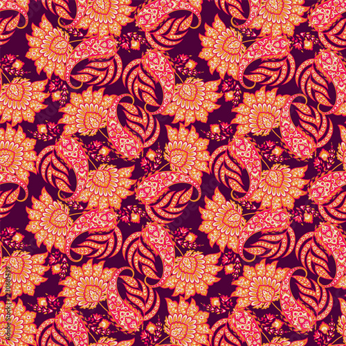 Seamless pattern based on traditional Asian elements Paisley. Traditional colorful seamless paisley vector pattern. Pattern for textile design or fabrics. Fashionable delicate design