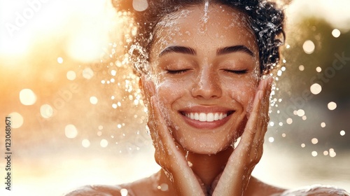 Woman washes face with water outside sunlight