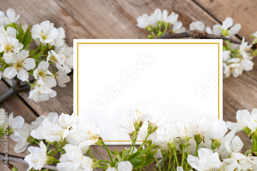 Springtime floral arrangement with Blooming cherry branches on natural wood texture, Spring floral background for Easter, Mother's Day, or greeting cards photo