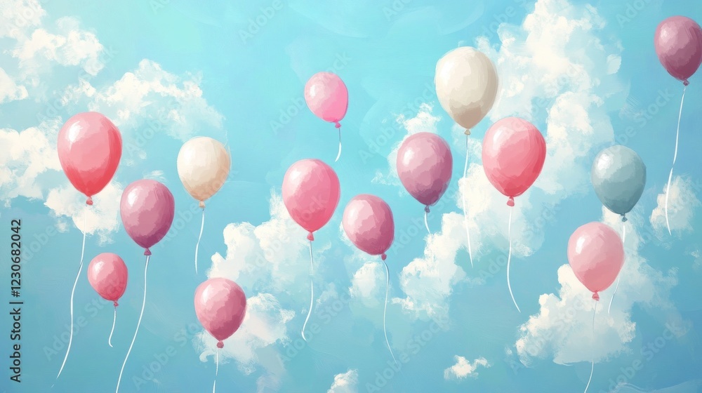 Pastel Balloons Float Gently Across A Blue Sky Pastel Balloons Float Gently Across A Blue Sky