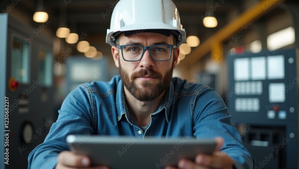 A focused engineer in a factory setting reviews data on a tablet. A focused engineer in a factory setting reviews data on a tablet.
