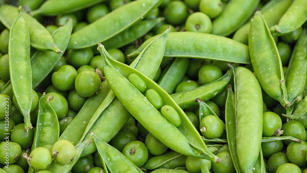 Fresh green peas in pods some split open Fresh green peas in pods some split open