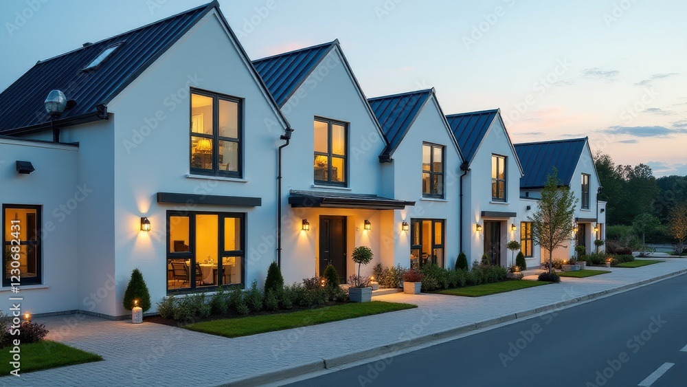 Modern residential houses lined up along a quiet suburban street at dusk Modern residential houses lined up along a quiet suburban street at dusk