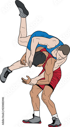 WRESTLING 1 line drawing illustration, WRESTLERS, Greco roman, freestyle, classical, duel, fight, sketch, outline, vector EPS, logo, colored, blue, red