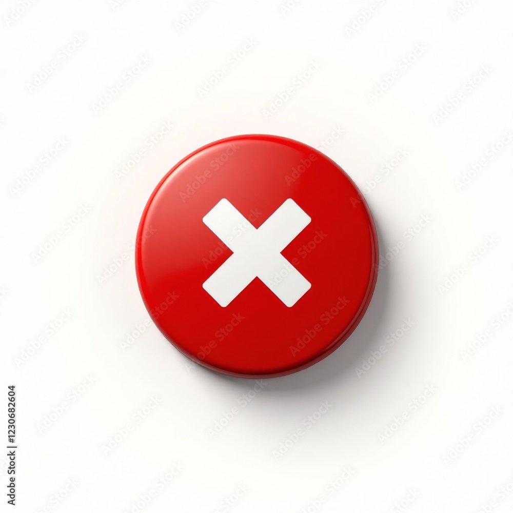 Fototapeta premium A red button with a white X, signifying negation, cancellation, or error. Isolated on white background.