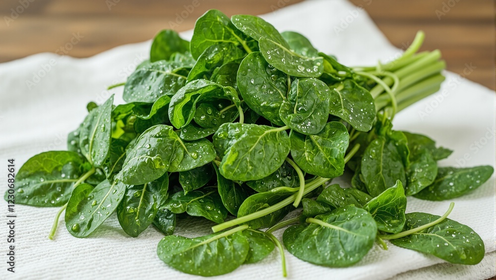 Fresh spinach bunch with dewy leaves on kitchen towel Fresh spinach bunch with dewy leaves on kitchen towel