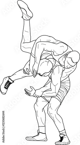WRESTLING 1 line drawing illustration, WRESTLERS, Greco roman, freestyle, classical, duel, fight, sketch, outline, vector EPS, logo, white
