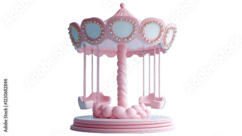This 3D plasticine carousel is beautifully crafted with soft pastel colors, featuring a whimsical design of playful swings and a spinning base. Set against a transparent background, the charming toy i