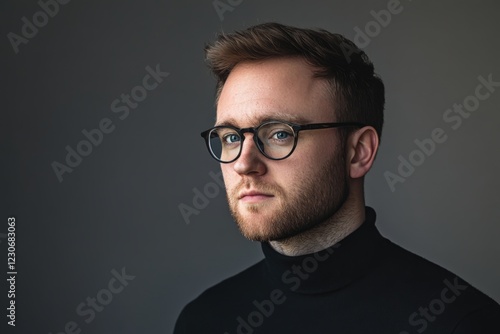 Stylish Young Man in Turtleneck Sweater with Glasses Against a Dark Background