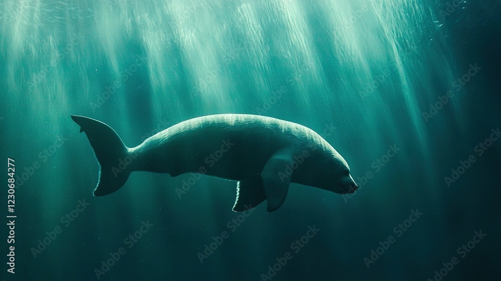 Obraz premium A polar bear glides beneath the surface of water, illuminated by sunlight reflecting off it