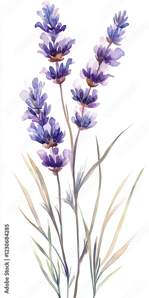 Naklejka premium A beautiful watercolor painting of purple flowers with green stems. The painting has a calming and serene mood, with the purple flowers representing peace and tranquility