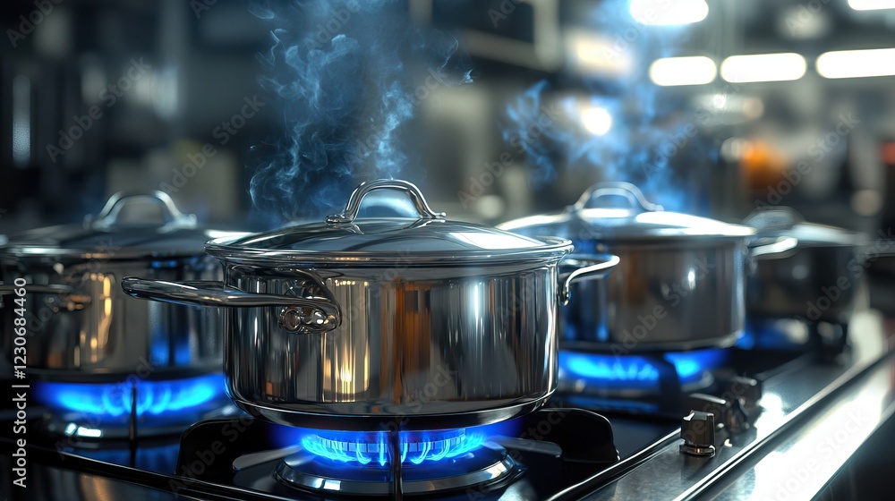 Shiny Stainless Steel Pots on Gas Stove with Blue Flames and Steam in a Professional Kitchen Shiny Stainless Steel Pots on Gas Stove with Blue Flames and Steam in a Professional Kitchen