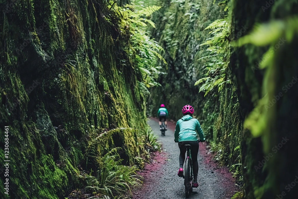 Obraz premium Cyclists Riding Through a Lush Green Forest Path Surrounded by Moss-Covered Cliffs