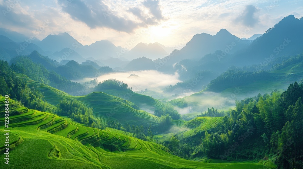 Sunrise Over Scenic Terraced Rice Fields in the Mountains. AI Art Sunrise Over Scenic Terraced Rice Fields in the Mountains. AI Art