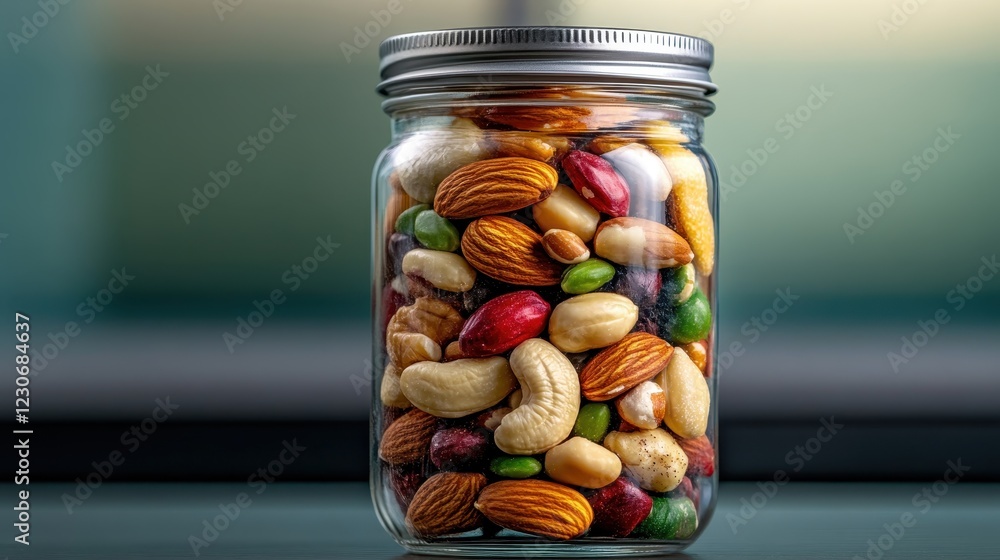 A vibrant assortment of nuts and dried fruits fills a transparent jar, showcasing their rich colors and diverse textures, perfect for a healthy snack option. A vibrant assortment of nuts and dried fruits fills a transparent jar, showcasing their rich colors and diverse textures, perfect for a healthy snack option.