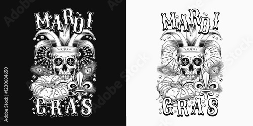 Monochrome composition with human skull in jester harlequin hat., traditional festival Mardi Gras food king cake. Peacock feathers, bead behind. T shirt graphics