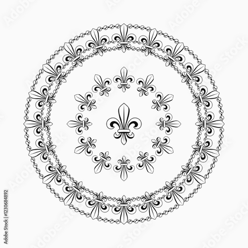 Mardi Gras circular pattern with Fleur de lis sign, beads. Black and white illustration for prints, holiday goods decoration